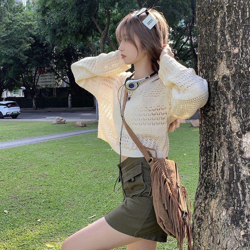 

Короткий ажурный солнцезащитный трикотажный чехол для женщин Spicy Girls осенью в стиле ретро с длинными рукавами и свободным дизайном L