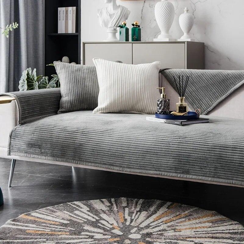 Housse de Canapé en Velours Cristal à Rayures pour Salon Coussin de Canapé Couleur Unie Housse de Canapé en L Antidérapante Accoudoir Dossier