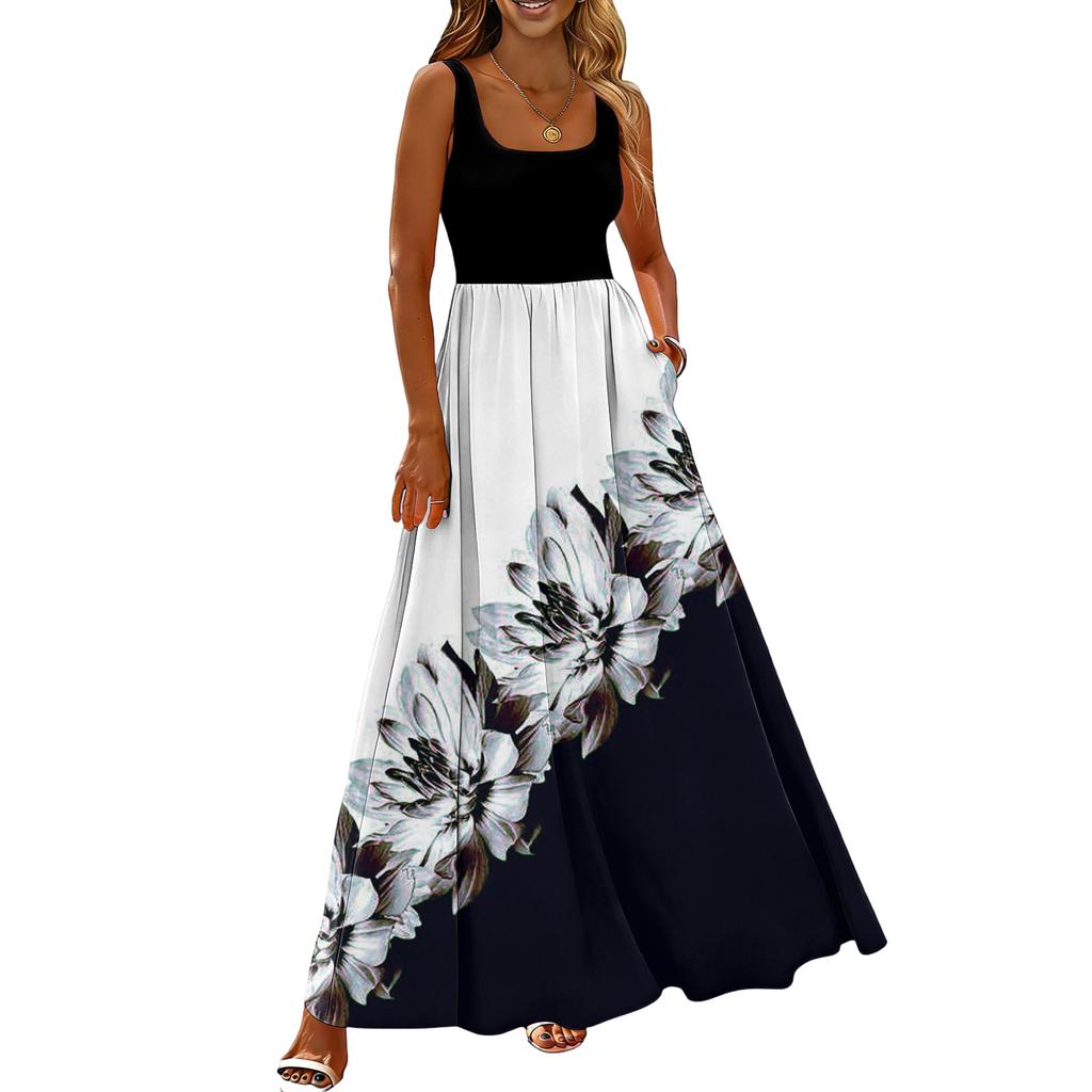 Ladies' floral print summer casual and fashionable sleeveless long dress