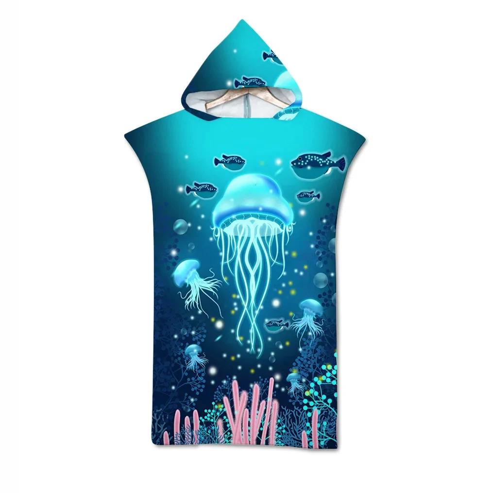 Jelly Fish Bath Beach Towel with Hood Microfiber Soft Hooded Robe Towel Poncho for Swimming Beach Surf Woman Bathrobe Beachwear