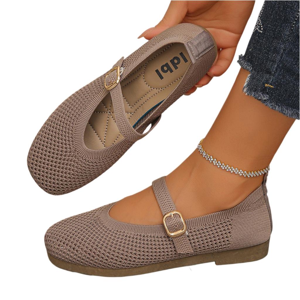 Women's Casual Flat Shoes Breathable Mesh Slip On Mary Jane Style Adjustable Buckle Strap Comfortable Walking Shoes