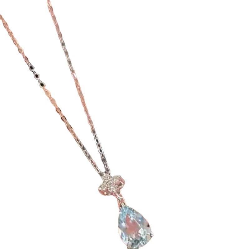 FY-0334 S925 Sterling Silver Aquamarine Zircon Necklace Fashionable Minimalist Niche Design Light Luxury Teardrop Pendant