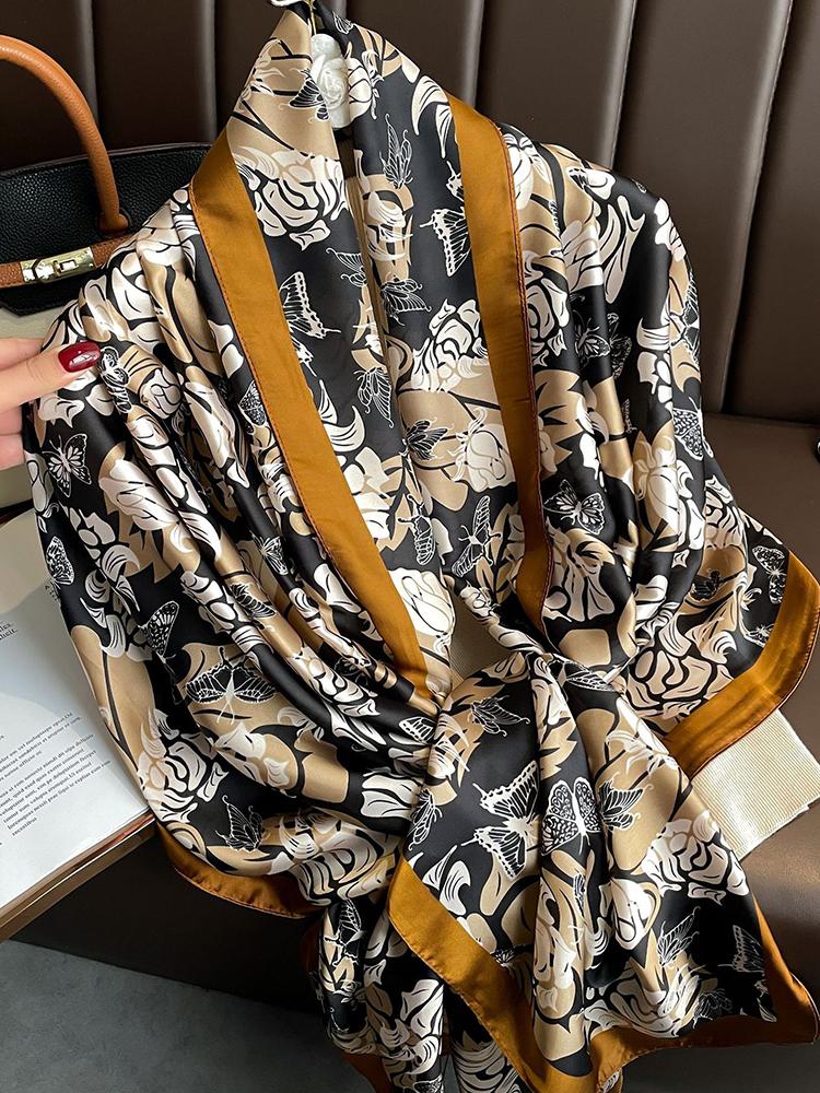 New Elegant Women Silk Scarf Beach Wrap Shawl Vintage Satin Floral Print Sunscreen Bandana Hijab Mujer Boho Scarve Foulard Pareo
