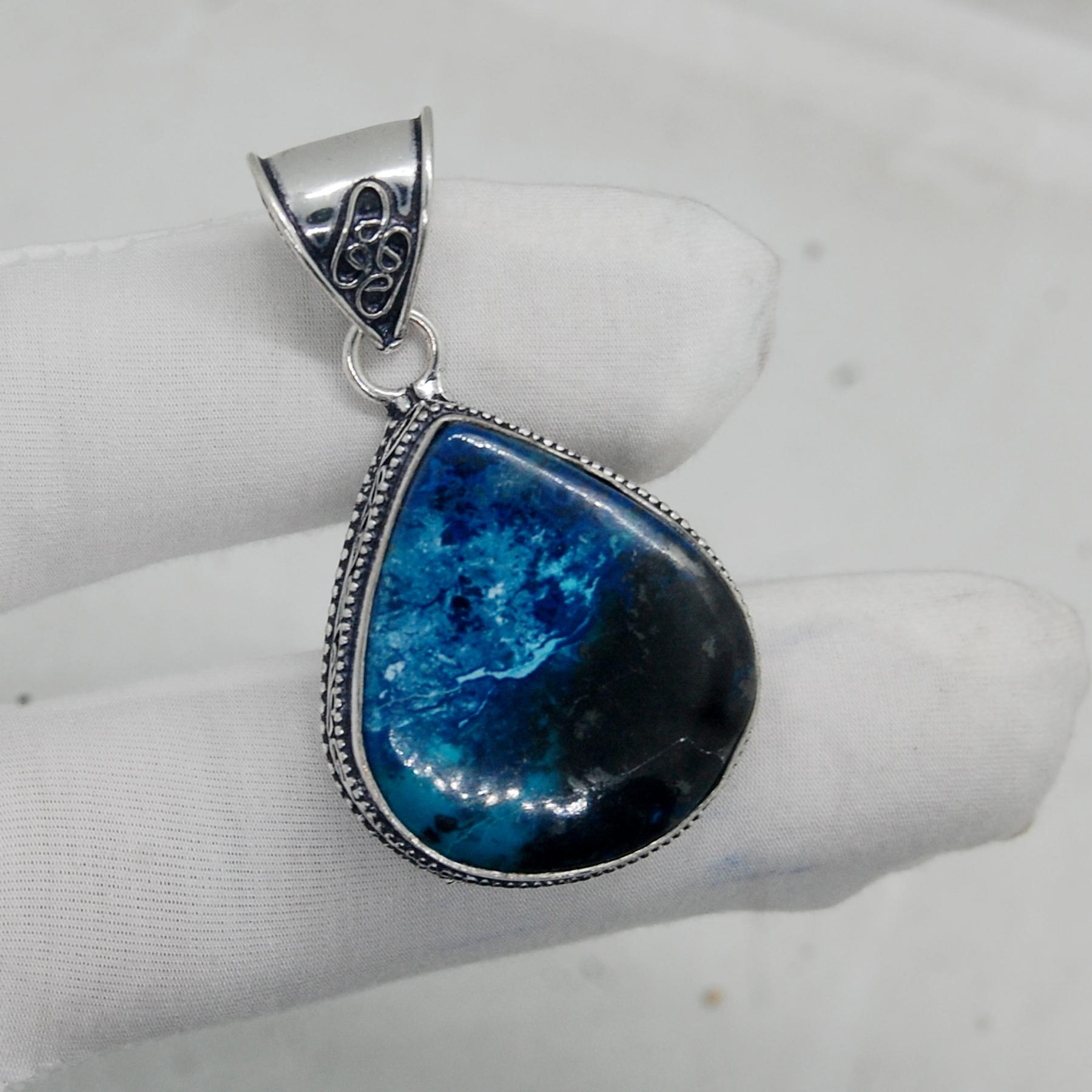 

Green Black Azurite Chrysocolla 925 Sterling Silver Pendant Jewelry, Boho Style Chrysocolla Handmade Pendant