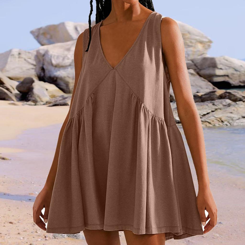 Women's Summer Sleeveless Dress Casual Loose V-neck Tank Top With Pockets