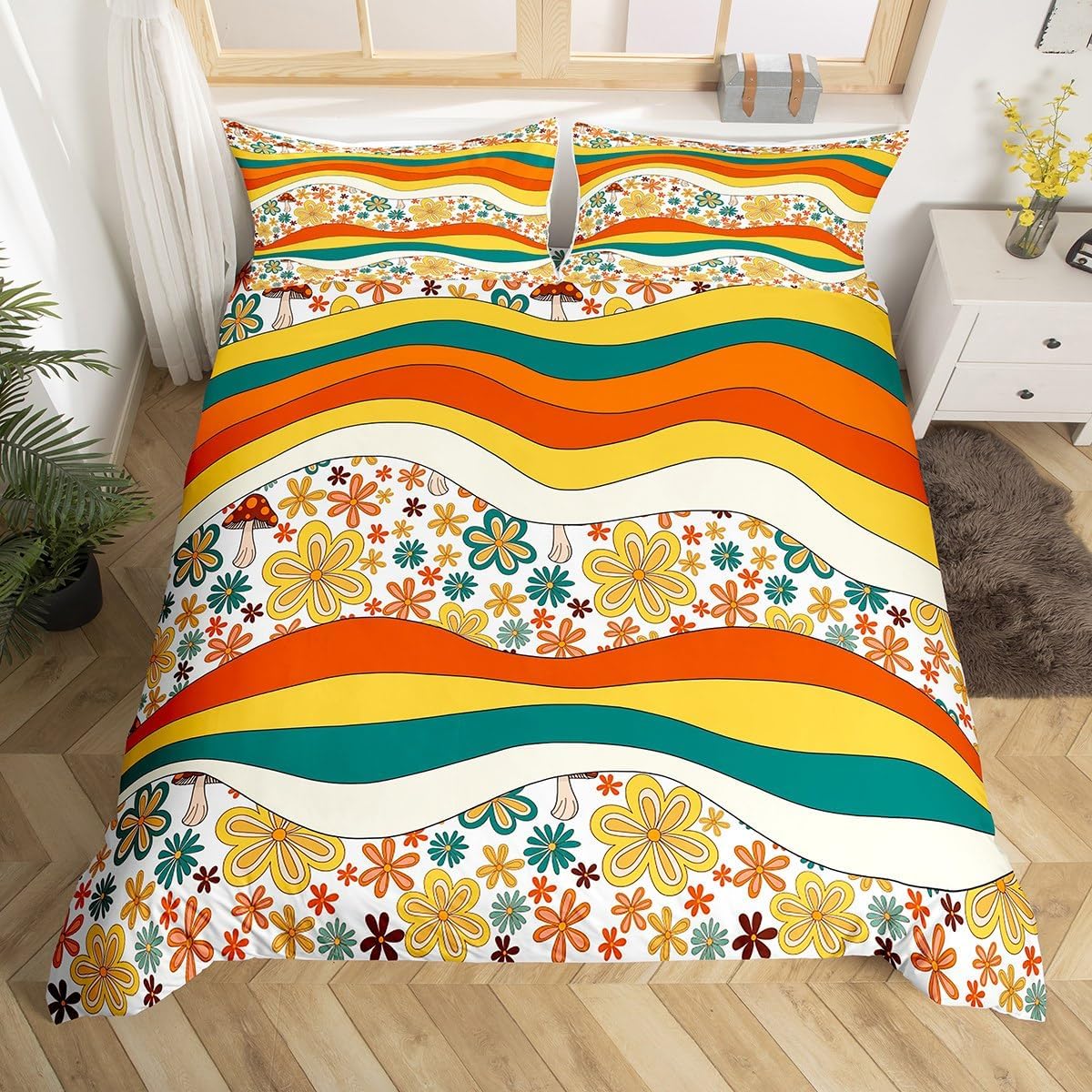 

Retro 60s 70s Grovy Flower Soft Duvet Cover,Colorful Hipie Floral Beding Set Quen,Carton Rainbow Mushrom Daisy Warm Comforter Cover 100*200cm Single