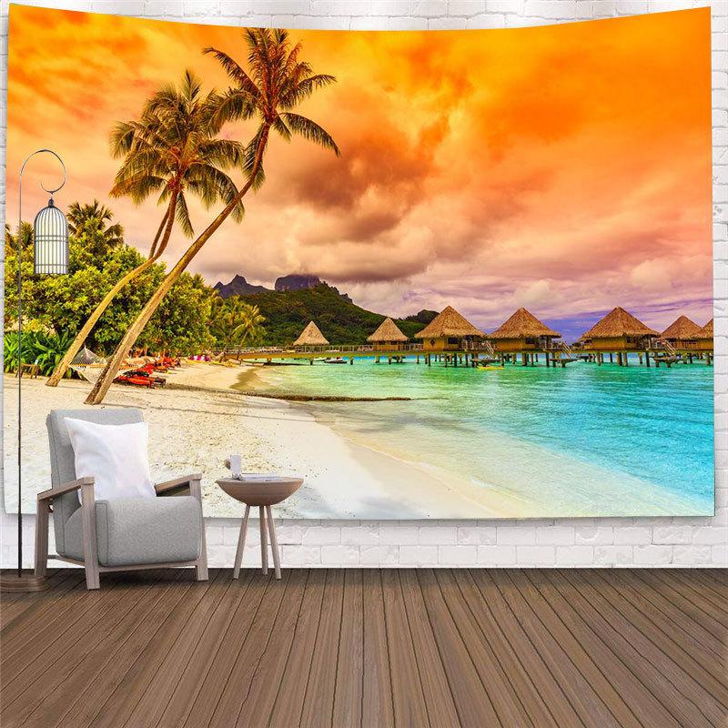 Meer Vollmond Kokosnussbaum Nachtszene Muster Wandteppich Zuhause Wohnzimmer Schlafzimmer Wanddekoration Hintergrund Stoff Wandteppich