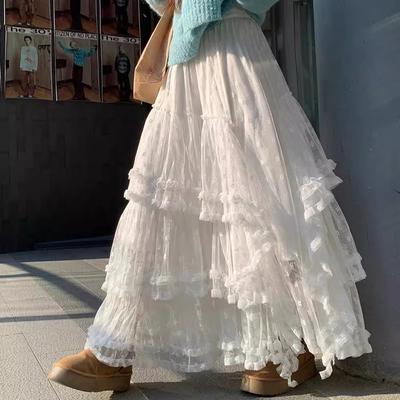 Spring Women New Skirts Vintage Loose Elastic Pleated Elegant White Long Skirts Lace High Waist