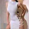 2026 Womens High-Waisted Sleeveless Wrap Tie-Detail Mini Dress With Side Slit Solid Color Pleated Skirt