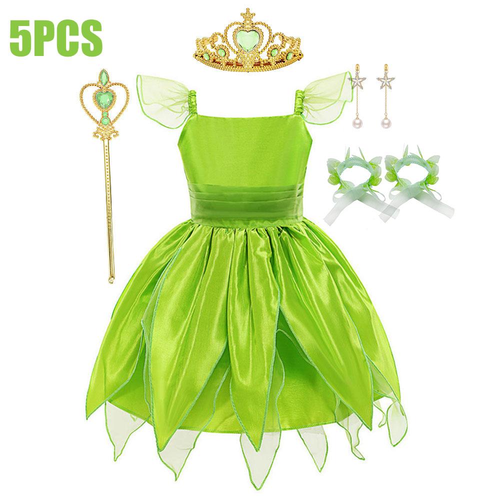 Kids Girl Cosplay Bell Costume Halloween Role Playing Green Dress Fancy Fairy Princess Cosplay Birthday Party Dresses Knee Lengt