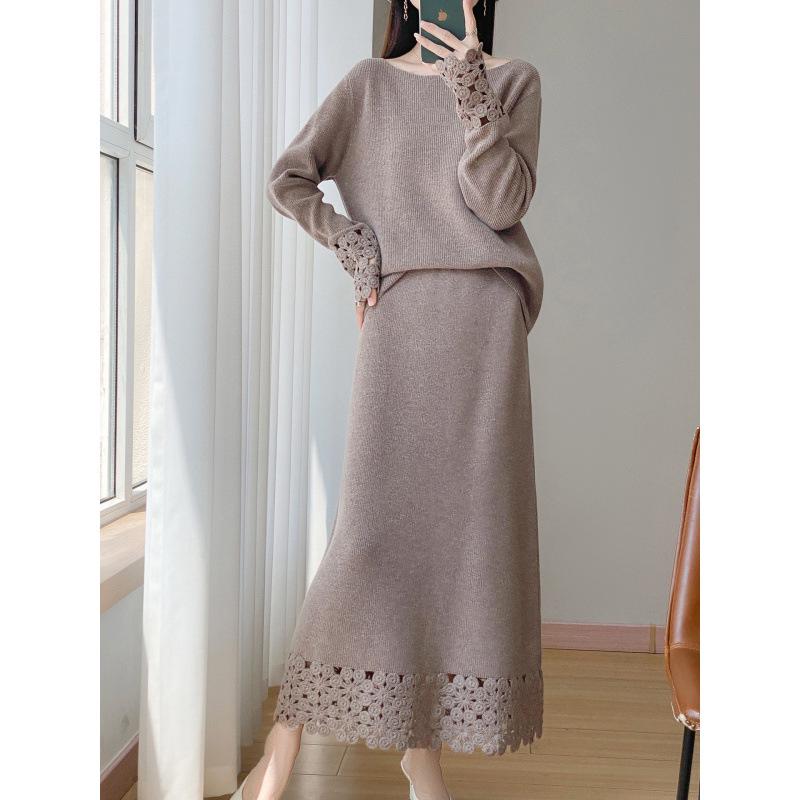 Autumn/Winter Pure Wool Knit Two-Piece Set: Round Neck Long Sleeve Top & Mid-Length Hollow Crochet Skirt