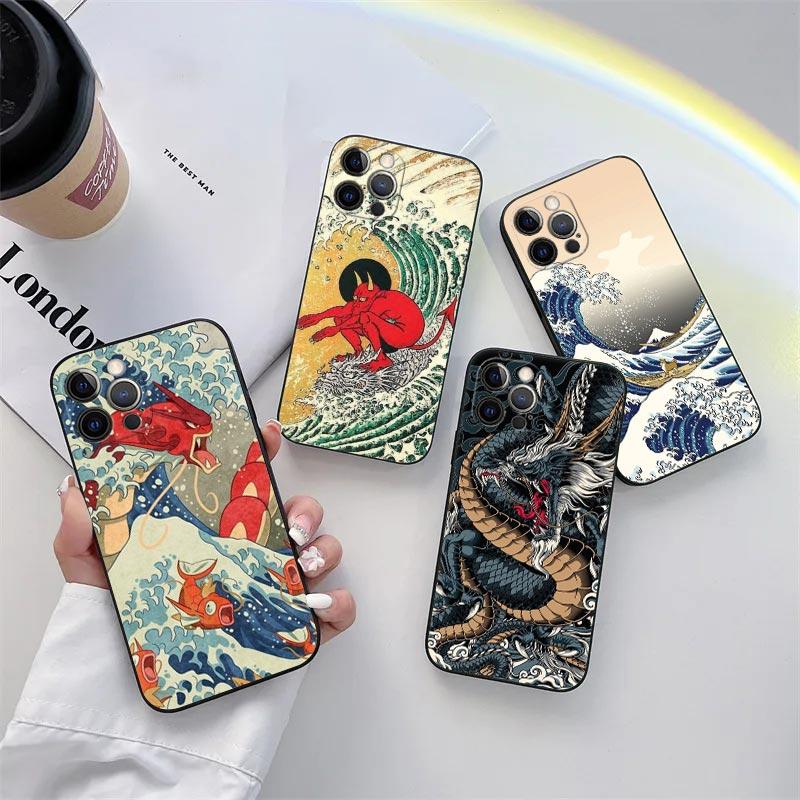 Hokusai The Great Wave Anime Dragon Phone Case for iPhone 11 15 Pro Max Case Coque 14 Plus 13 Pro 12 11 X XR 8 SE TPU Soft Cover