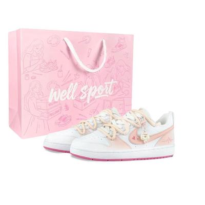 Court Borough Coração Rosa Couro Sintético Resistente à Abrasão Tênis de Skate Baixo Feminino Rosa Branco DV5456-111(Team1054-)