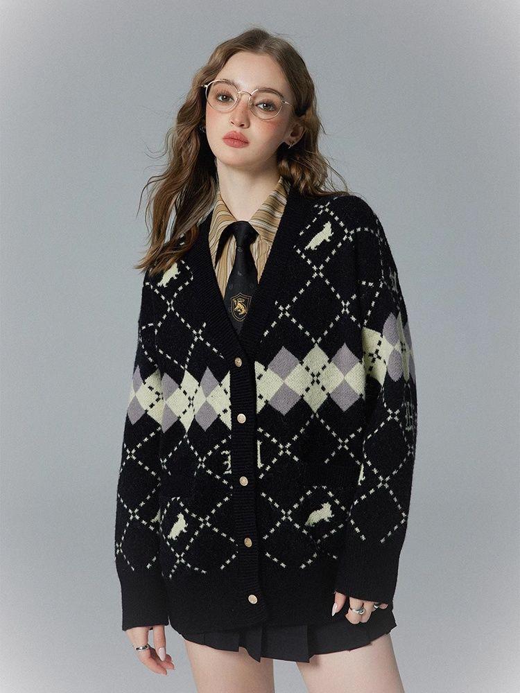 

Женский кардиган с контрастным ромбовидным узором в стиле Гарри Поттера, в стиле колледжа, коллекция осень/зима 2024 г. One Size чёрный