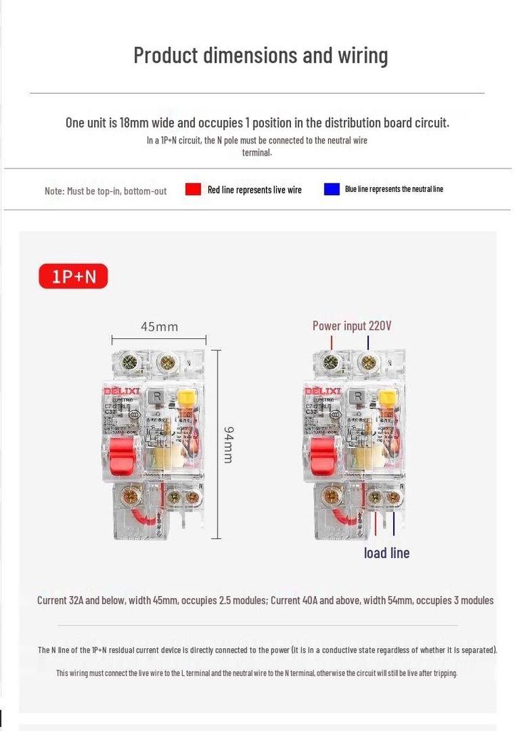 DELIXI Transparent Earth Leakage Circuit Breaker with RCD Switch, 1P+N/2P/3P/4P, 32A/63A Air Switch.