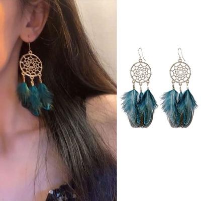 1 Pair Retro Bohemia Women Hook Earrings Feather Tassel Round Drop Earrings Palace Style Dangle Earrings Jewelry Gift