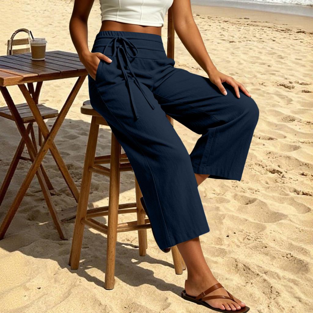 Women Casual Wide Leg Cropped Pants Elastic Waistband Drawstring Loose Fit Capri Trousers Lightweight Breathable Fabric