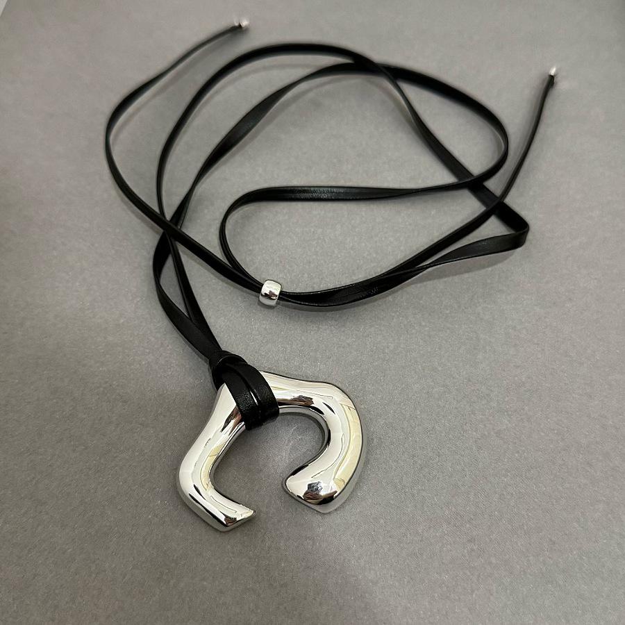 New Korean Brown Leather Cord Necklace with Abstract Human Body Silver Pendant - Light Luxury Clavicle Chain