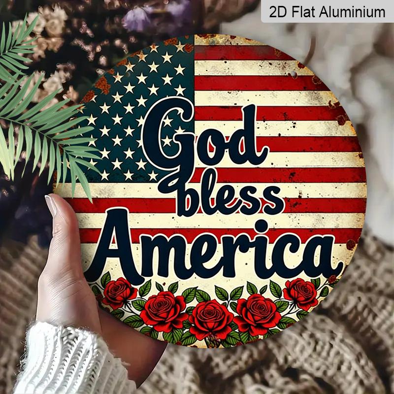 2D Flat, 1pc Heavy-Duty Retro God Bless America Round Metal Sign - Vintage Aluminum Wall Decor Suitable for Home, Office, Garage, 4th of July Gift