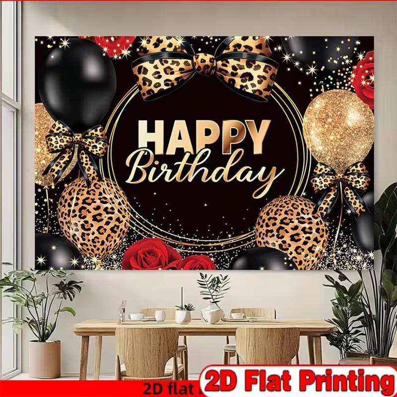 2D Leopard Print Happy Birthday Backdrop, Black Gold Balloon Party Decor