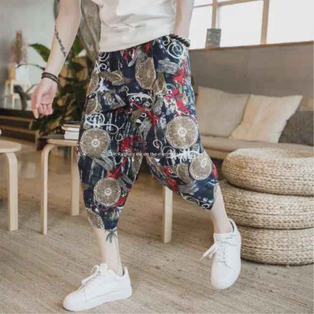 Męskie luźne szorty lniane etniczne