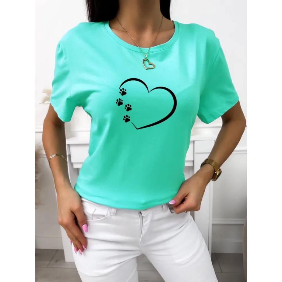 Dámské bavlněné letní tričko s krátkým rukávem a potiskem srdce, s kulatým výstřihem
