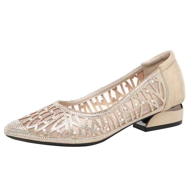 WTEMPO Strass Zacht Leren Sandalen Dames Zomer Platte Bodem Uitgeholde Mesh Schoenen Ondiepe Mesh Enkele Schoenen Damesschoenen 40