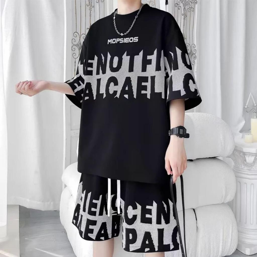 Summer Men's Fashion Personality Letter Printed Short Sleeved Shorts Two-piece Set Outdoor Sports Breathable T-shirt Set