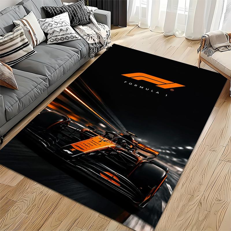 F1 Racing Area Rug, Formula 1 Orange Race Car Night Track Motion Speed Print, Motorsport Garage Decor, Non-Slip Mat