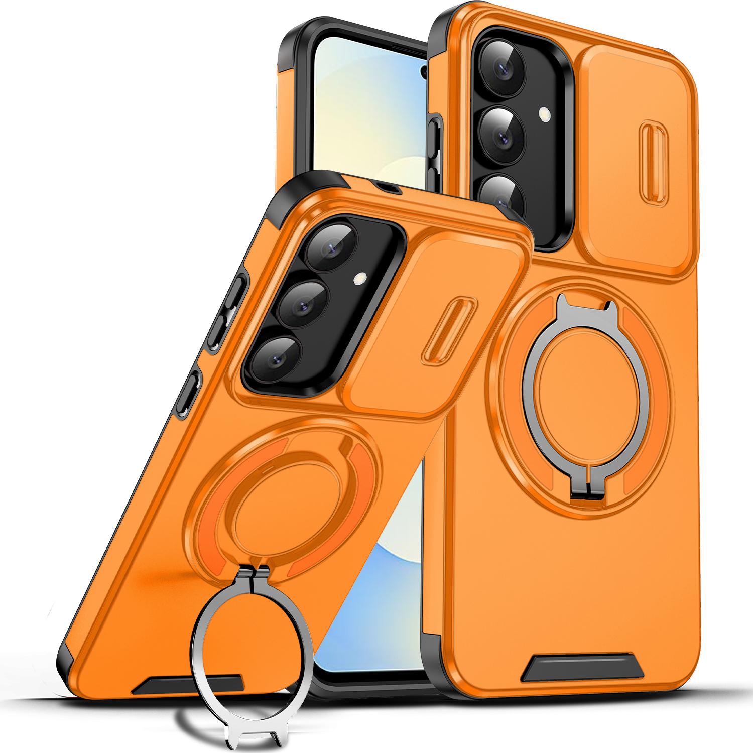 

Магнитная подставка-кольцо Чехол для телефона Samsung Galaxy S25 FE Слайдер Защита объектива камеры Рамка ТПУ Жесткая пластиковая задняя крышка Фундас For Galaxy S25 FE оранжевый