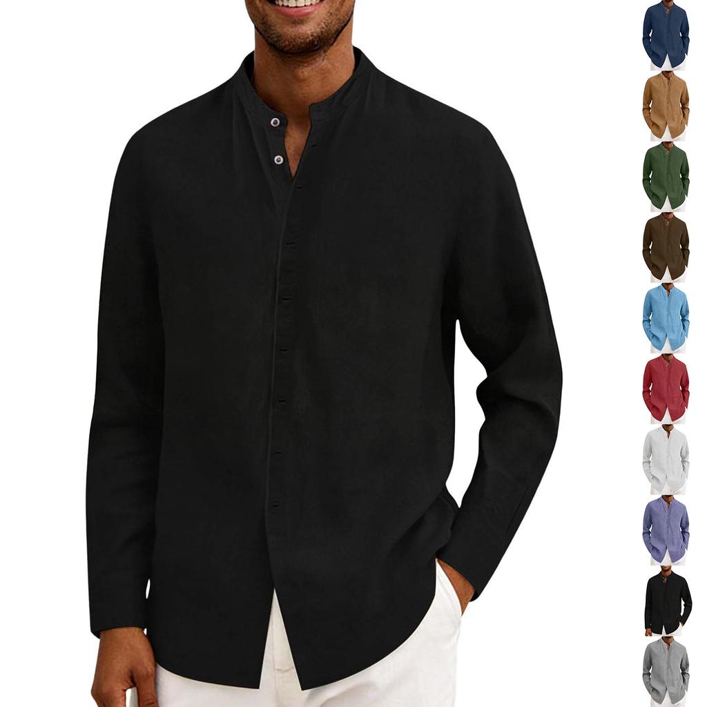 Men's Cotton And Linen Shirt, Pullover With Buttons, Short-sleeved Stand-up Collar Shirt