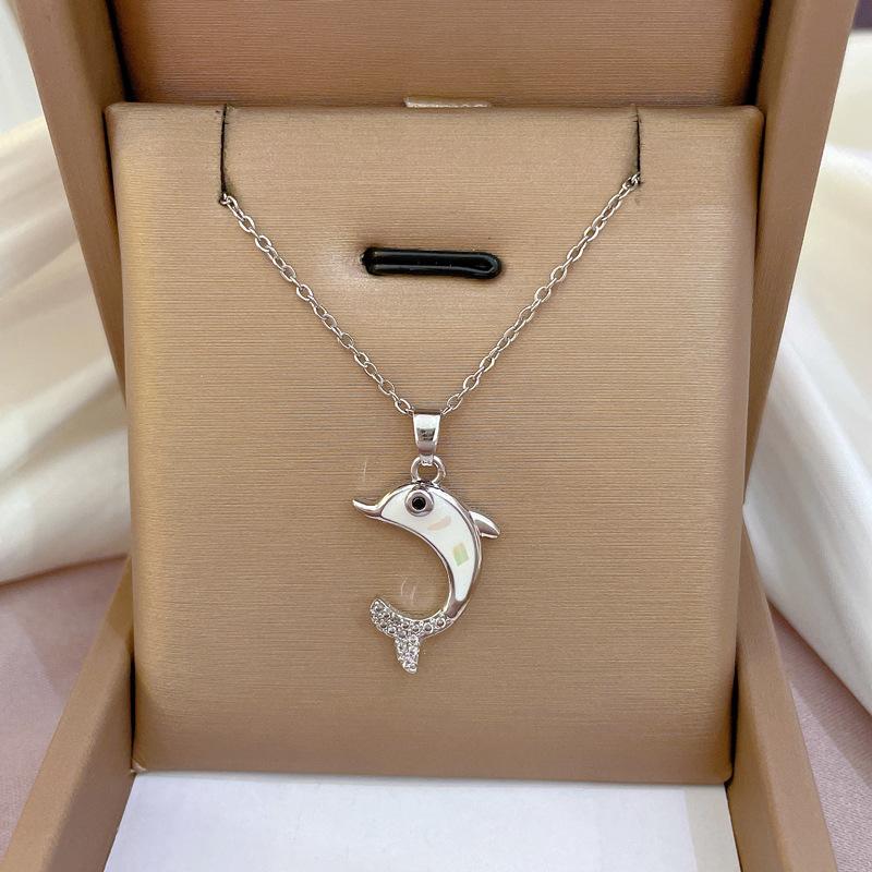 Light Luxury Micro-Inlaid Dolphin Color Shell Oil Dripping Necklace Women'S New Collarbone Chain Light Luxury Niche Design Sense