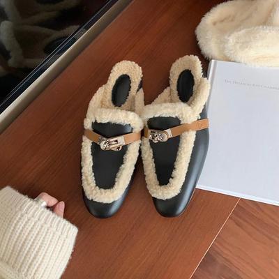 Lock Bag Head Lamb Wool Slippers Women's Autumn and Winter Thick Heel One Pedal Lazy Half Drag Outside Wear