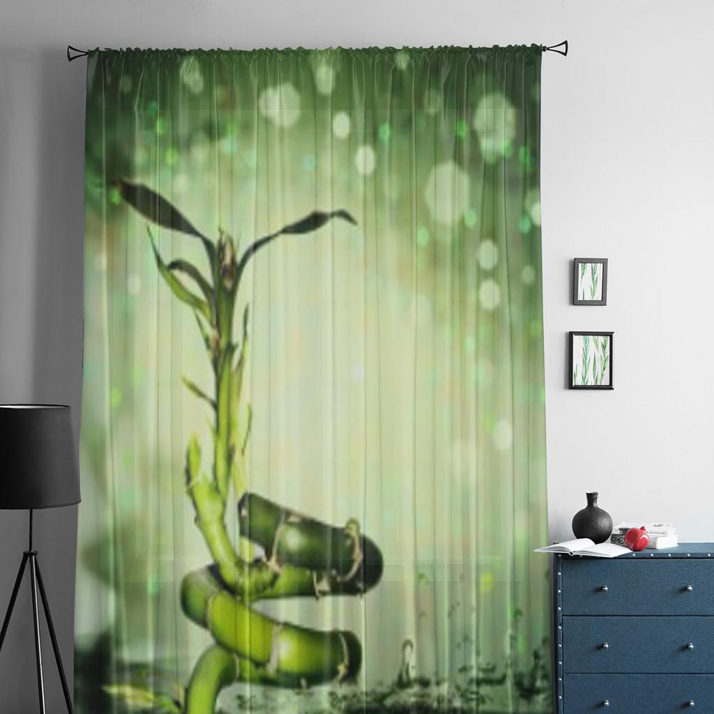 Water Droplets Bamboo Green Sheer Curtains for Living Room Transparent Tulle Window Curtain Bedroom Kitchen Decor Veil Drapes
