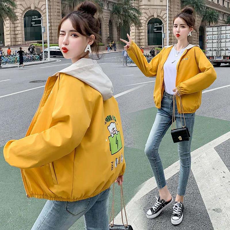 

Весенне-осенняя повседневная ветровка с капюшоном, свободная универсальная бейсбольная куртка для женщин S