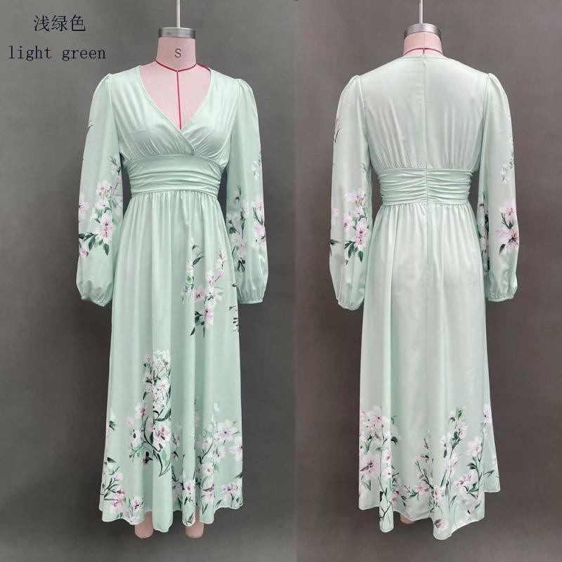 European and American women's clothing new digital printing flower V-neck pleated long-sleeved dress women