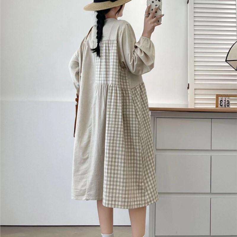 Johnature Frühlings-Patchwork-Spitzen-Patchwork-Karokleid Frühling Retro Lässig Locker Langarm Damenkleider