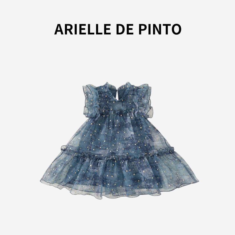 French Arielle De Pinto Girls  Summer Thin Fairy-Style Dress with Small Flying Sleeves and Princess Mesh Dress Dark Blue 110