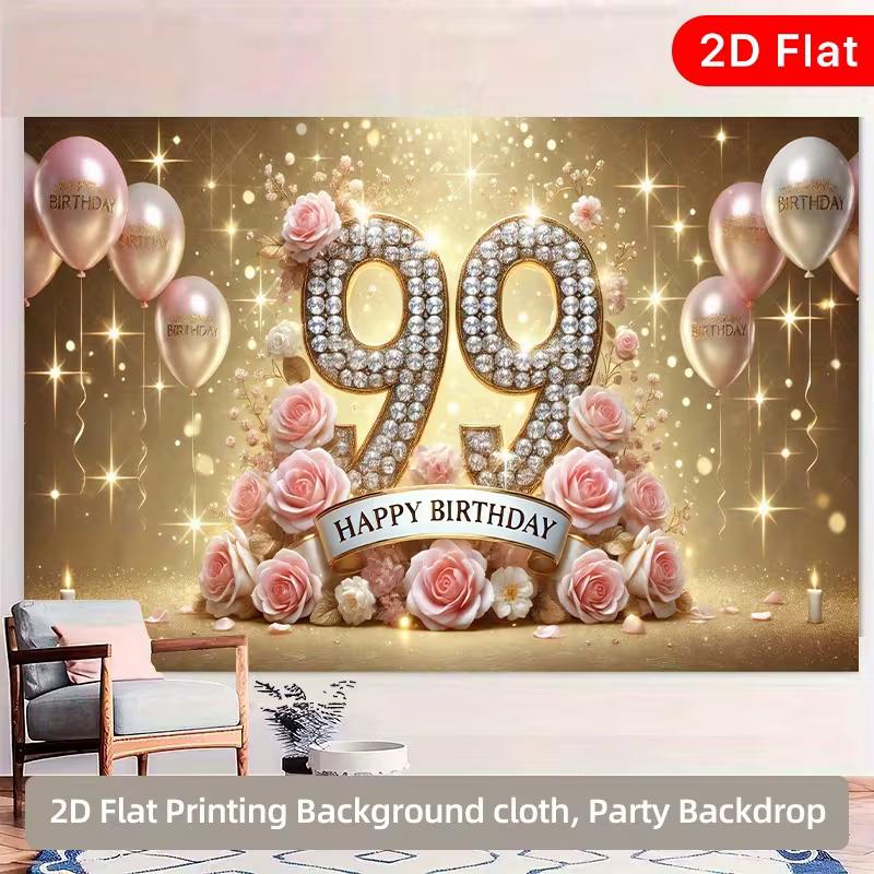 

2D Pink Floral 99th Birthday Backdrop, Luxury Celebration Photo Booth Decor 47.2x31.5inch/120*80cm
