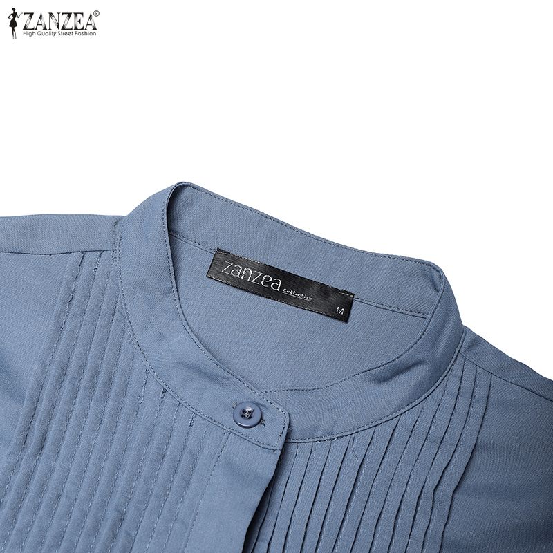 ZANZEA Women Stand Collar Solid Color Loose Long Sleeve Shirt Dress