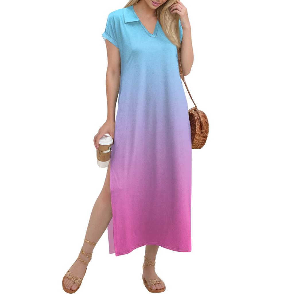 Damen Langer Rock Lässiges V-Ausschnitt Langes Hemdkleid Lockerer Schlitz Urlaub Kurzarmkleid