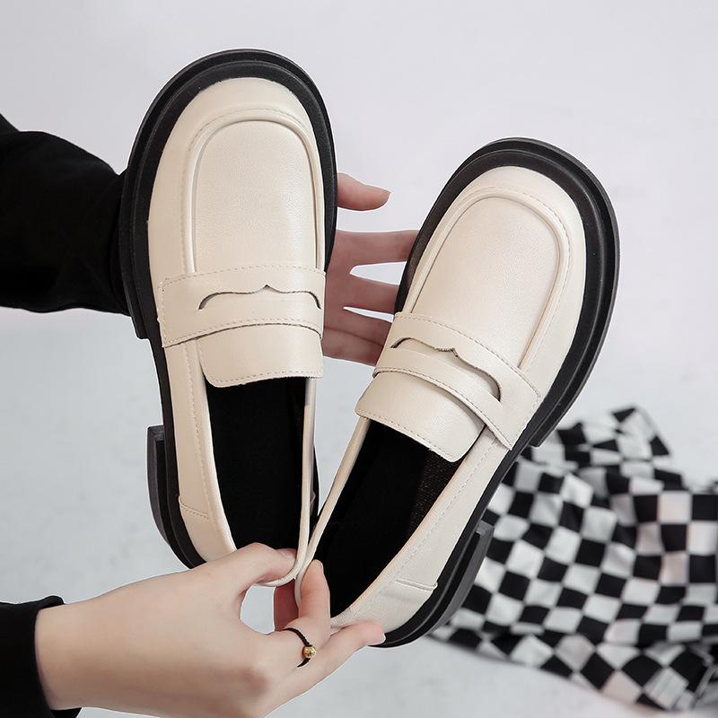 Thick heel and small leather shoes for women's spring new platform-soled college style mid-heel shoes