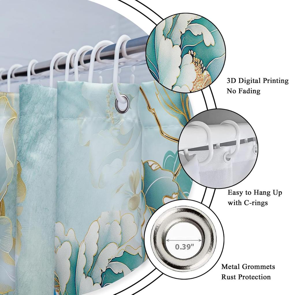 Peacock Floral Shower Curtain for Bathroom Decor 72Wx84H Extra Long Morden Teal Flowers White Gold Peony Rose Elegant