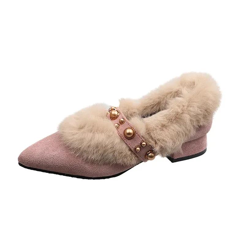 Neue Damen Spitzzehen Nieten Dicke Absätze Slipper Retro Britischer Stil Warm Lässig Slip-on Klobige Schuhe Damenschuhe 2024