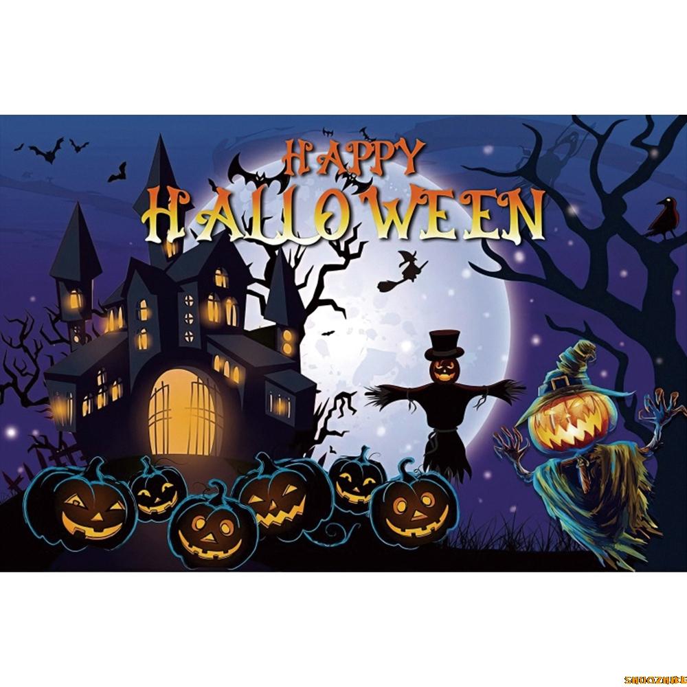 1pc Happy Halloween Party Backdrop Night Moon Gothic Castle Pumpkin Bats Reusable Banner for Halloween Themed Party Decoration