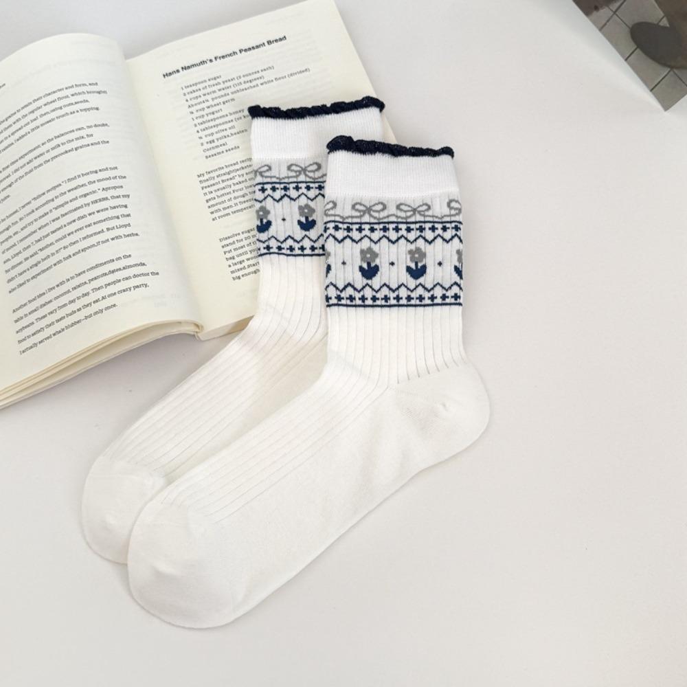 Korean Style Mid-calf Socks Grey Checkered Boneless Pile Socks New Cotton Socks Spring Summer