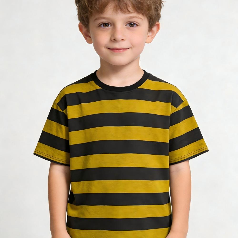 Fashionable Boys' Round Neck T-Shirt, Black and Yellow Horizontal Striped T-Shirt - Lightweight Round Neck Summer Daily