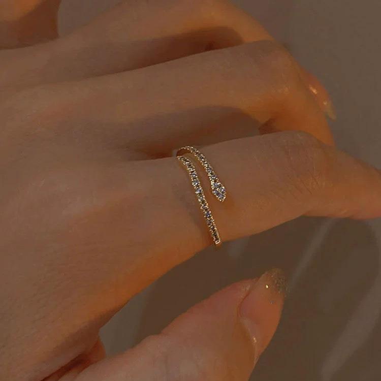 14K Gold Plated Sterling Silver Snake Ring for Women with Diamond-Set, Niche Design, Open & Luxurious Fashion Style