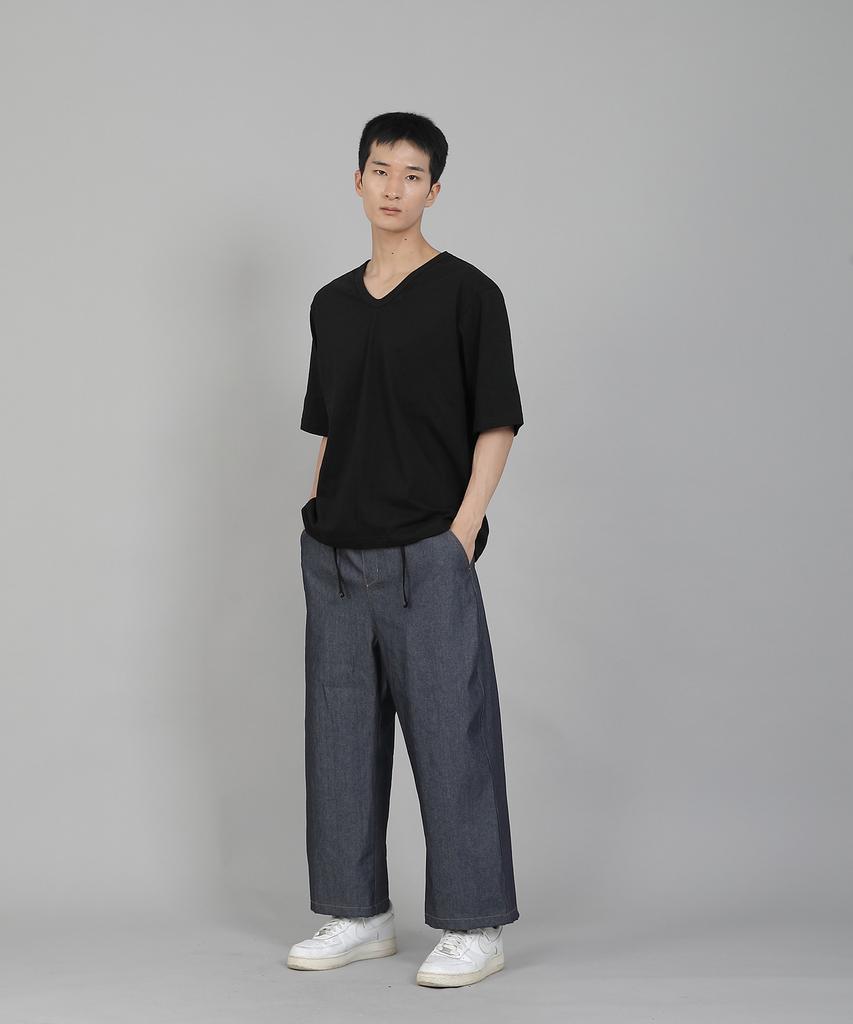 Seinteukeulu Plain V-Neck 16S Cotton Knee-Length Short Sleeve T-Shirt V-8A01 Black