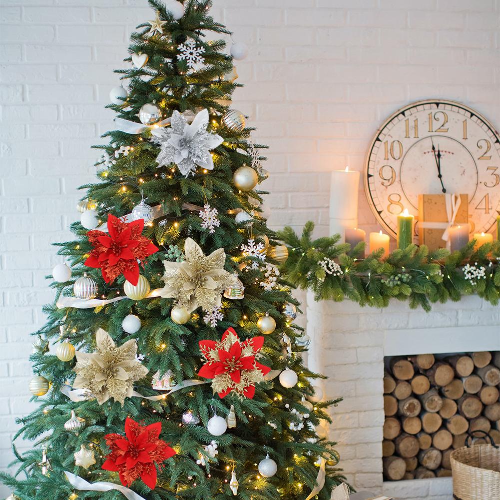 10pcs Christmas Ornament Flower 14cm Glitter Artificial Christmas Flowers Tree Ornaments For Home Wedding Decor New Year Gifts